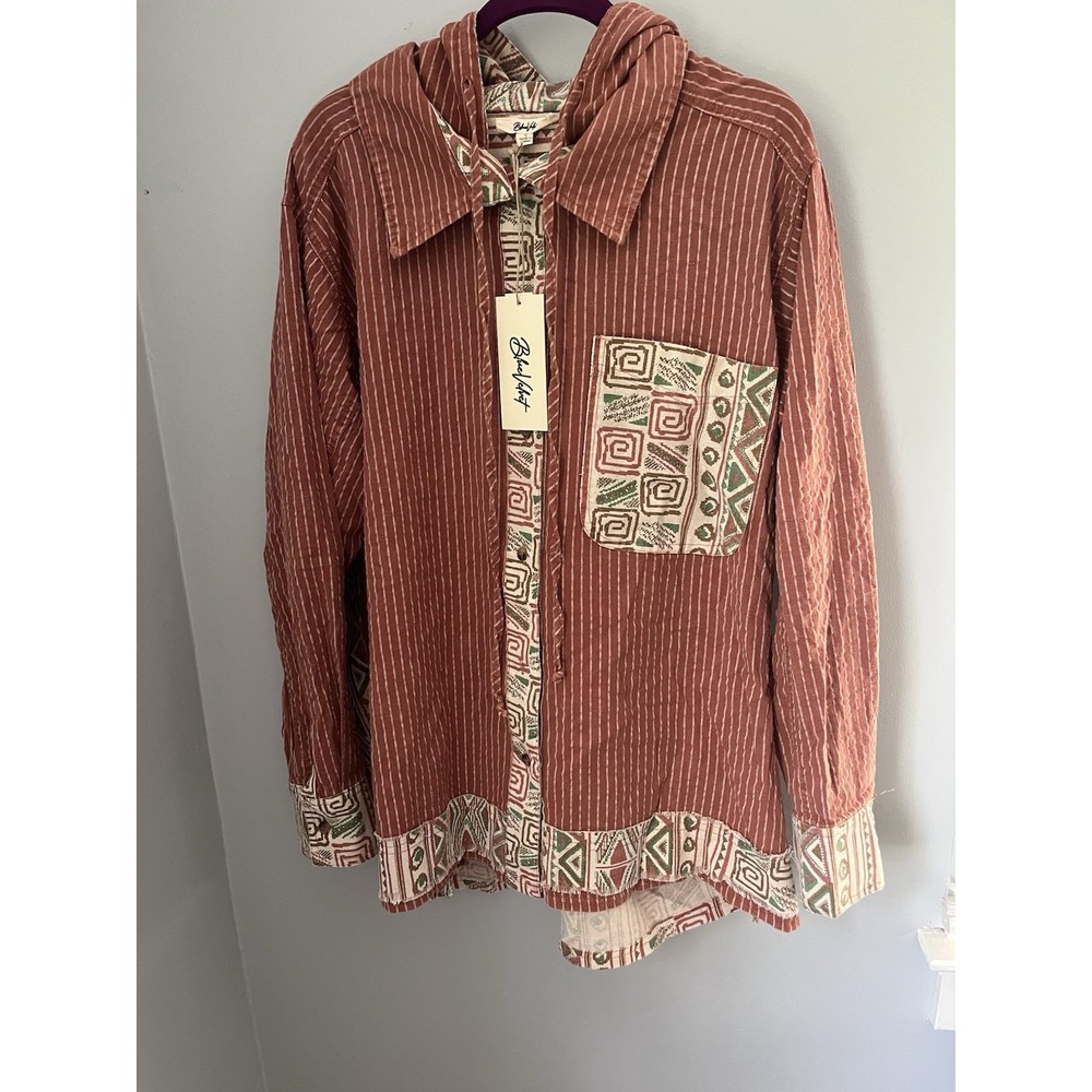 Blue Velvet Women's Patchwork Hoodie Shirt Button Up Terracotta Size S Long Slee